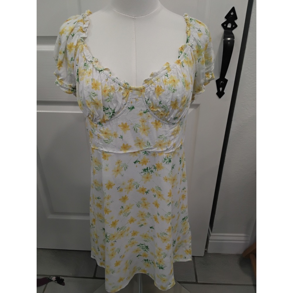Sophie Rue Yellow Floral Puff Sleeve Mini Dress XL Smocked Back Sweetheart Neck